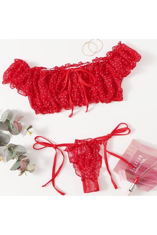 ست شفاف بنقاط - كلوت شفاف مع حمالة صدر بدون أكتاف ورباطات مثيرة